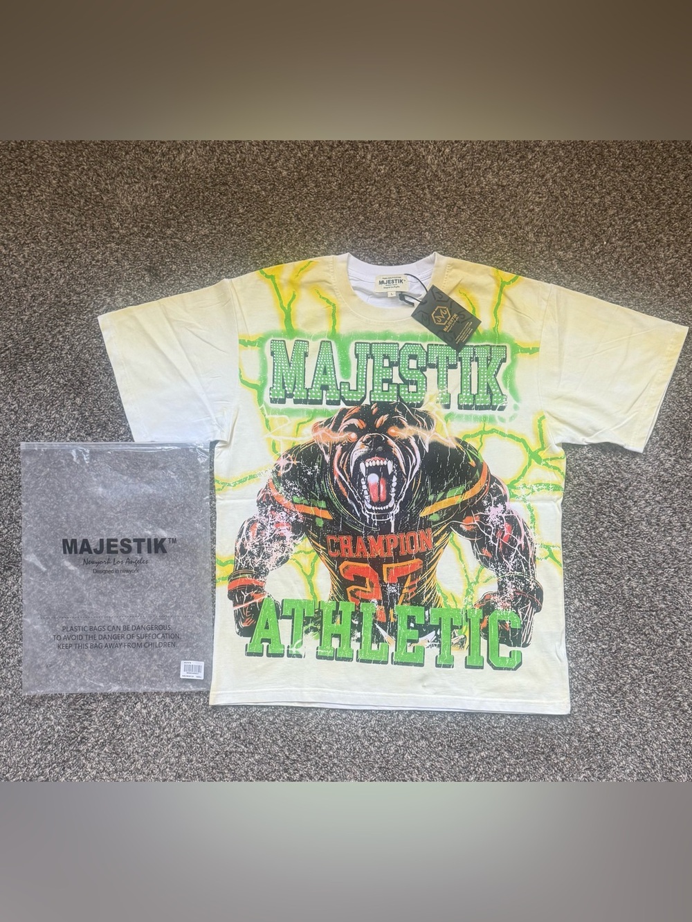 Majestik White Short Sleeve Tee with Neon Green & Orange Bear Graphic